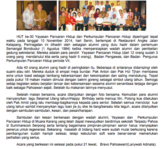 PERINGATAN HUT KE-30 YAYASAN PANCARAN HIDUP DAN PERKUMPULAN PANCARAN HIDUP